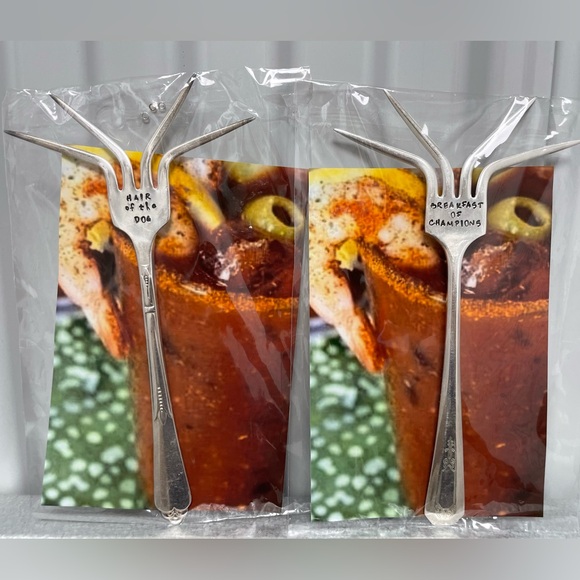 Set of 2 Bloody Mary garnish stir forks breakfast of champs Hand crafted/stamped - Picture 1 of 8